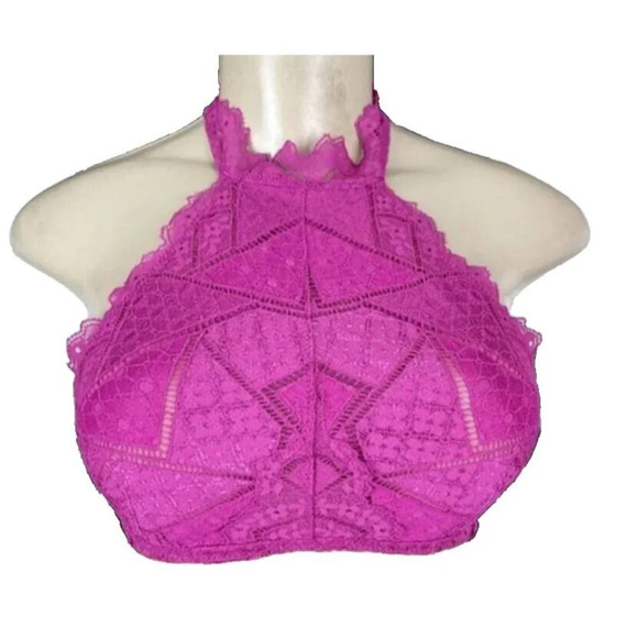 Free People XS Fucshia Pink Sheer Panels Highneck Open Back Halter Bralette - Picture 2 of 6